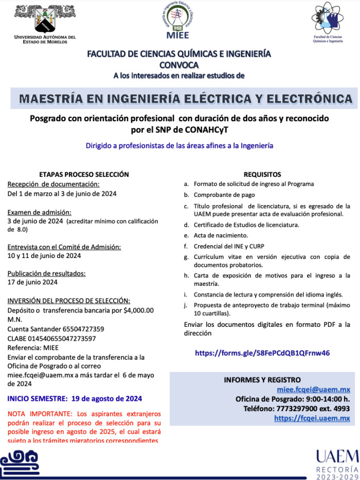 Convocatoria Maestría en Ingeniería Eléctrica y Electrónica 2024
