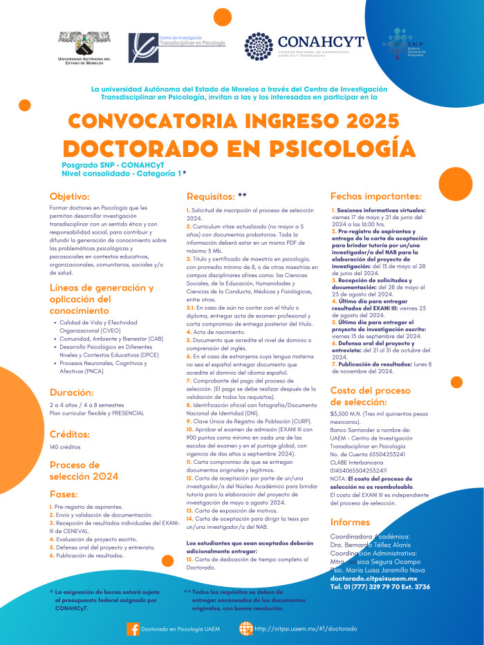 CONVOCATORIA INGRESO 2025 DOCTORADO EN PSICOLOGÍA