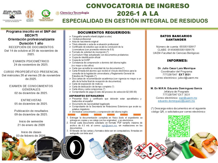 CONVOCATORIA DE INGRESO  2026-1: ESPECIALIDAD EN GESTIÓN INTEGRAL DE RESIDUOS