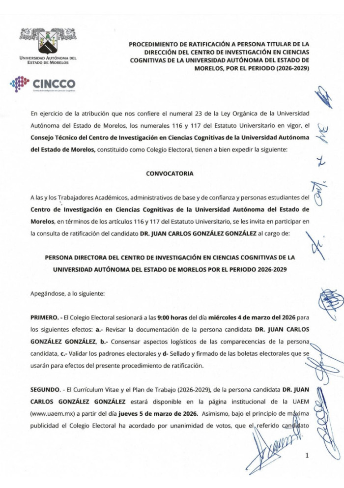 Proceso de ratificación a persona titular de la Dirección del Centro de Investigación en Ciencias Cognitivas por el periodo (2026-2029)