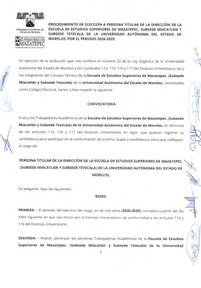 Procedimiento de elección a persona titular de la Dirección de la Escuela de Estudios Superiores de Mazatepec, Subsede Miacatlán y Subsede Tetecala por el Periodo (2026-2029)