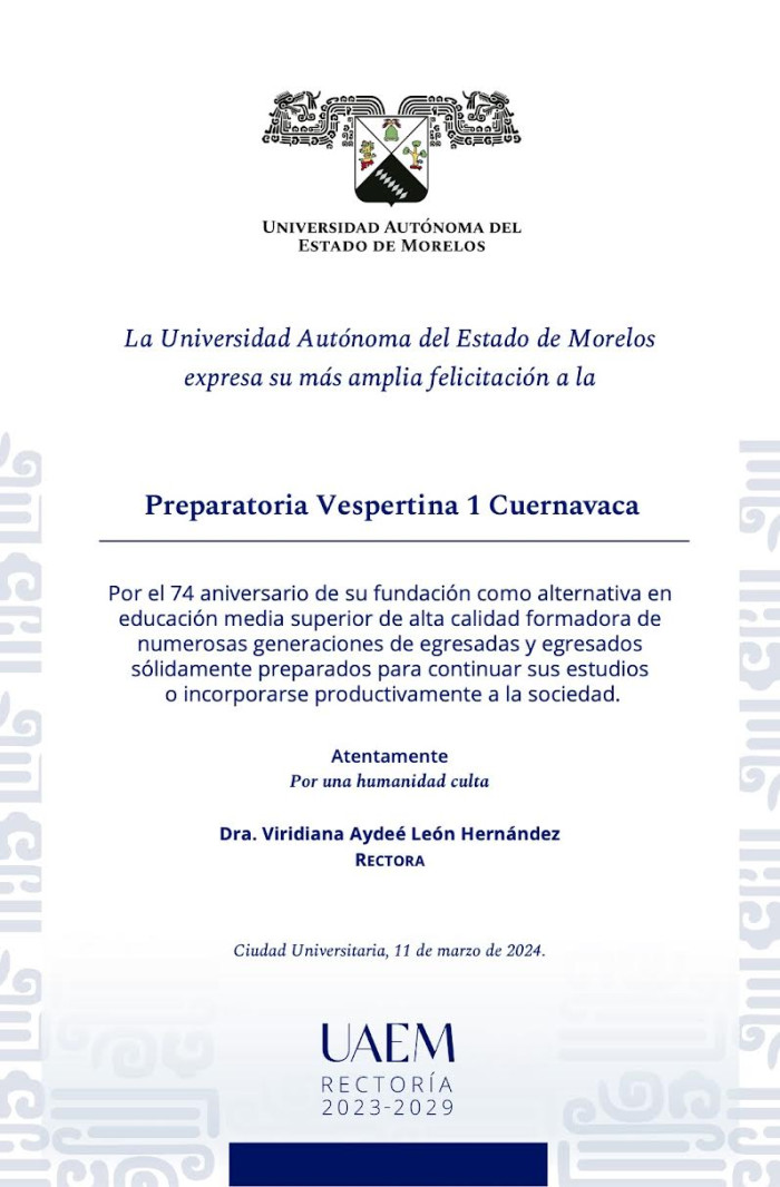Felicitación Rectoría | Preparatoria Vespertina 1 Cuernavaca