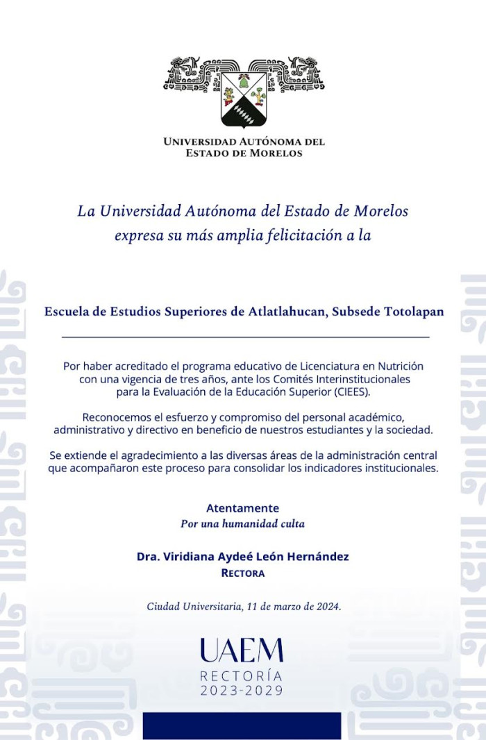Felicitación Rectoría | Escuela de Estudios Superiores de Atlatlahucan, Subsede Totolapan