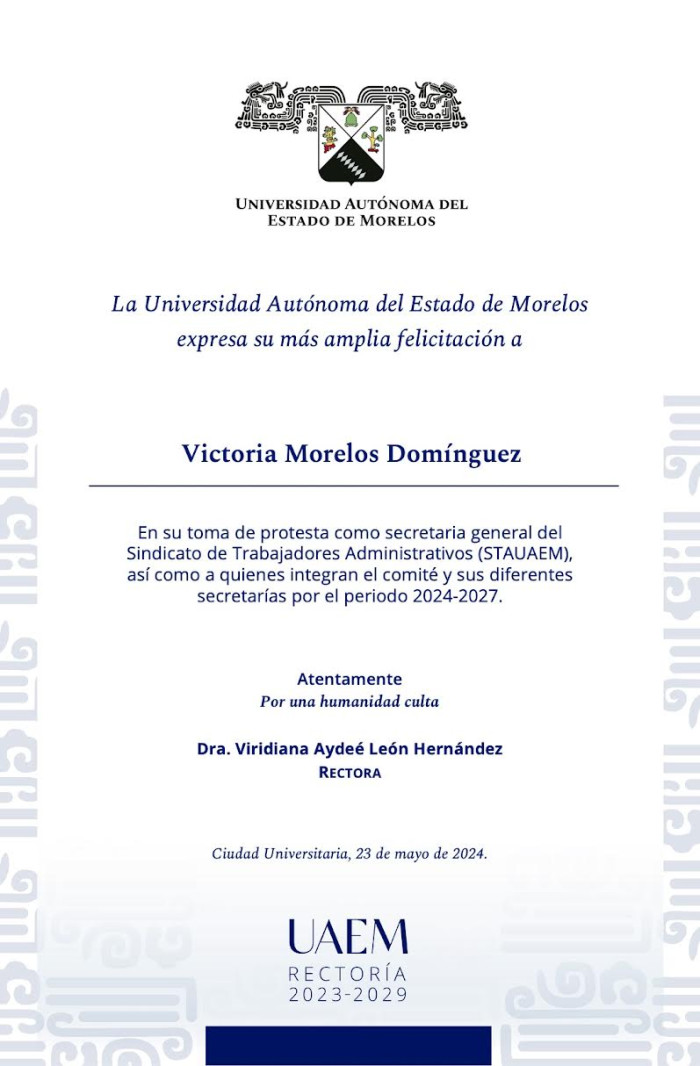 Felicitación Rectoría | Victoria Morelos Domínguez