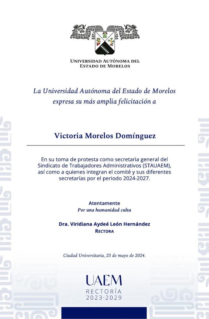 Felicitación Rectoría | Victoria Morelos Domínguez