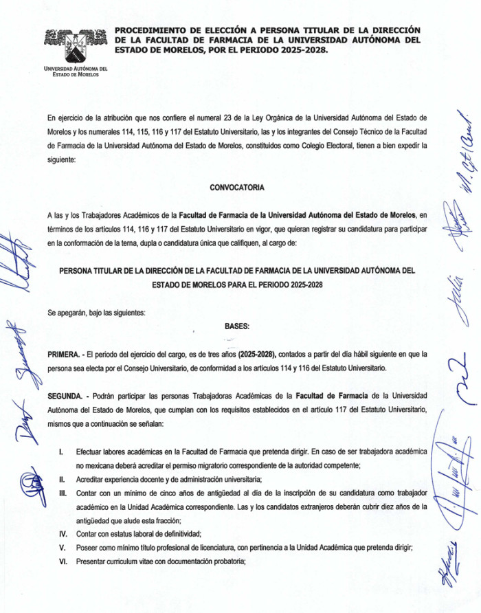 Procedimiento De Elección A Persona Titular De La Dirección De La Facultad De Farmacia de la UAEM 2025-2028.