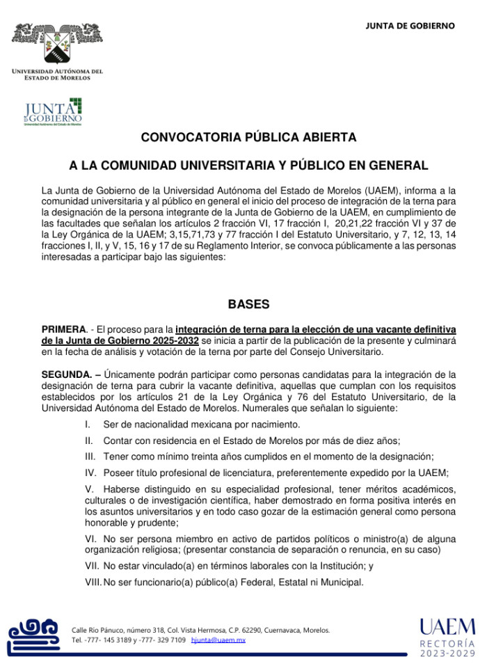 Convocatoria Pública abierta a la comunidad universitaria y público en general par la designación de la persona integrante de la junta de gobierno de la UAEM