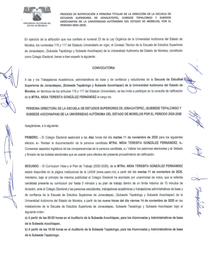 Convocatoria para el proceso de ratificación al cargo de Persona Directora de la Escuela de Estudios Superiores de Jonacatepec, Subsede Tepalcingo y Subsede Axochiapan de la UAEM por el periodo 2025- 2028.