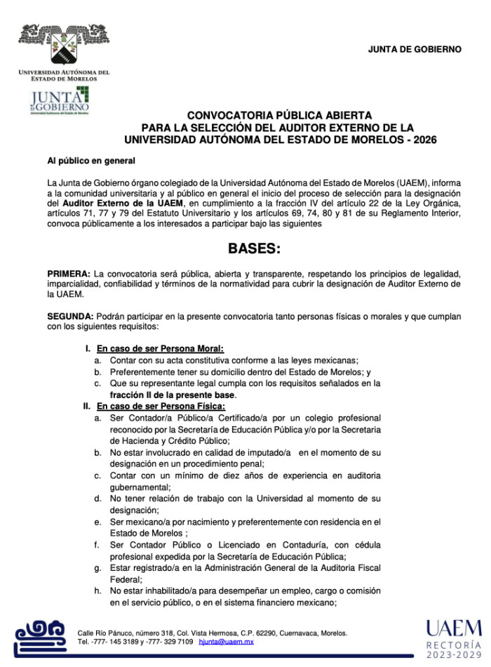 CONVOCATORIA PÚBLICA ABIERTA  PARA LA SELECCIÓN DEL AUDITOR EXTERNO DE LA  UNIVERSIDAD AUTÓNOMA DEL ESTADO DE MORELOS - 2026