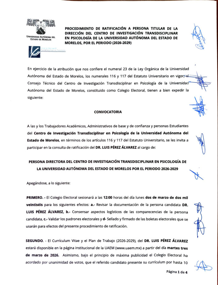 Procedimiento de ratificación a persona titular de la dirección del Centro de Investigación Transdisciplinar en Psicología para el periodo 2026-2029
