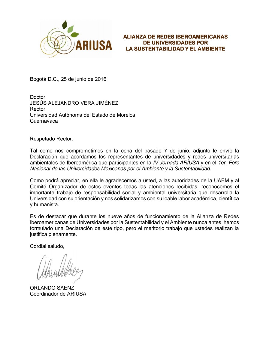 Carta y Declaración de ARIUSA a la UAEM - Universidad 