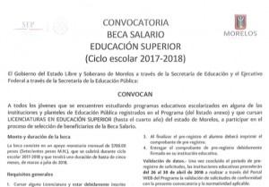 CONVOCATORIA EXTRAORDINARIA BECA SALARIO EDUCACIÓN SUPERIOR CICLO ESCOLAR 2017-2018