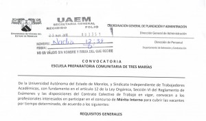 Convocatoria de mérito interno - Preparatoria Comunitaria de Tres Marías
