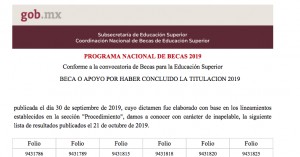 Resultados Convocatoria: Beca o Apoyo por haber concluido la Titulación 2019