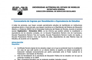Convocatoria de Ingreso por Revalidación o Equivalencia de Estudios Septiembre - Diciembre 2021