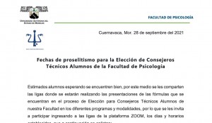 Fechas de proselitismo para la Elección de Consejeros Técnicos Alumnos de la Facultad de Psicología