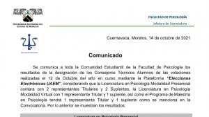 Resultados de la designación de los Consejeros Técnicos Alumnos - Facultad de Psicología 2021
