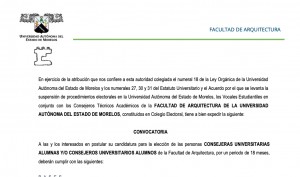 Convocatoria para la elección de las personas Consejeras Universitarias Alumnas y/o Consejeros Universitarios Alumnos de la Facultad de Arquitectura 2021