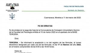 Fe de Erratas Convocatoria de Consejero Universitario Alumno de la Facultad de Psicología 2022