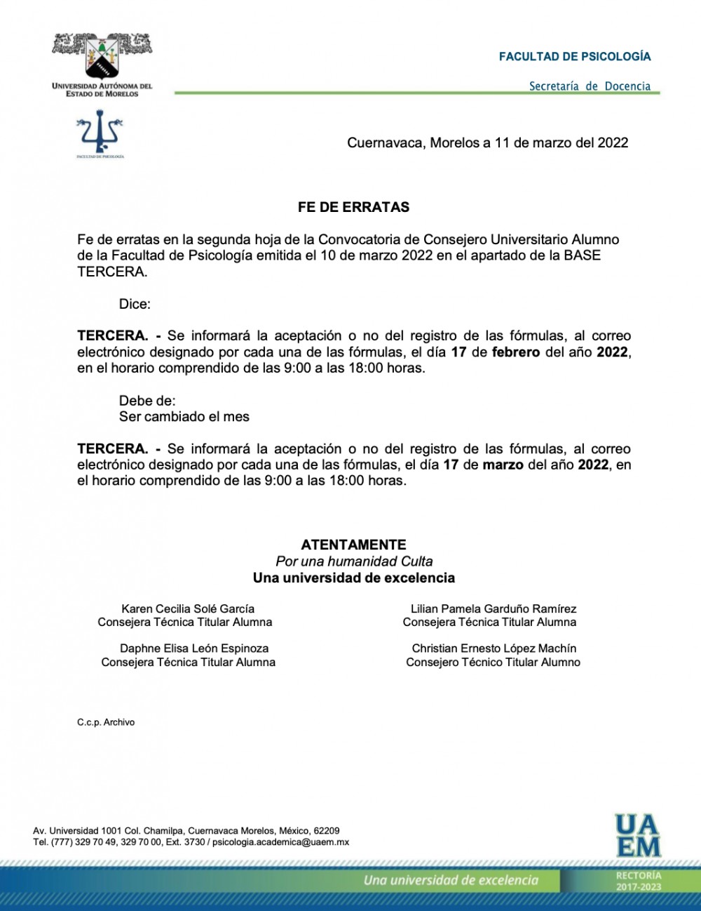 Fe de Erratas Convocatoria de Consejero Universitario Alumno de la Facultad  de Psicología 2022 - Universidad Autónoma del Estado de Morelos