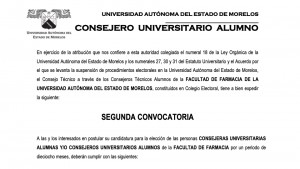 Segunda Convocatoria para el proceso de Elección de Consejero Universitario Alumnos Titular y Suplente de la Facultad de Farmacia