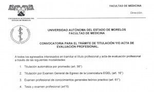 Convocatoria para el Trámite de Titulación y/o Acta de Evaluación Profesional - Medicina