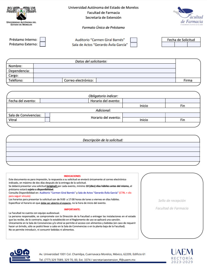 Formato Único de Préstamo de la Facultad de Farmacia