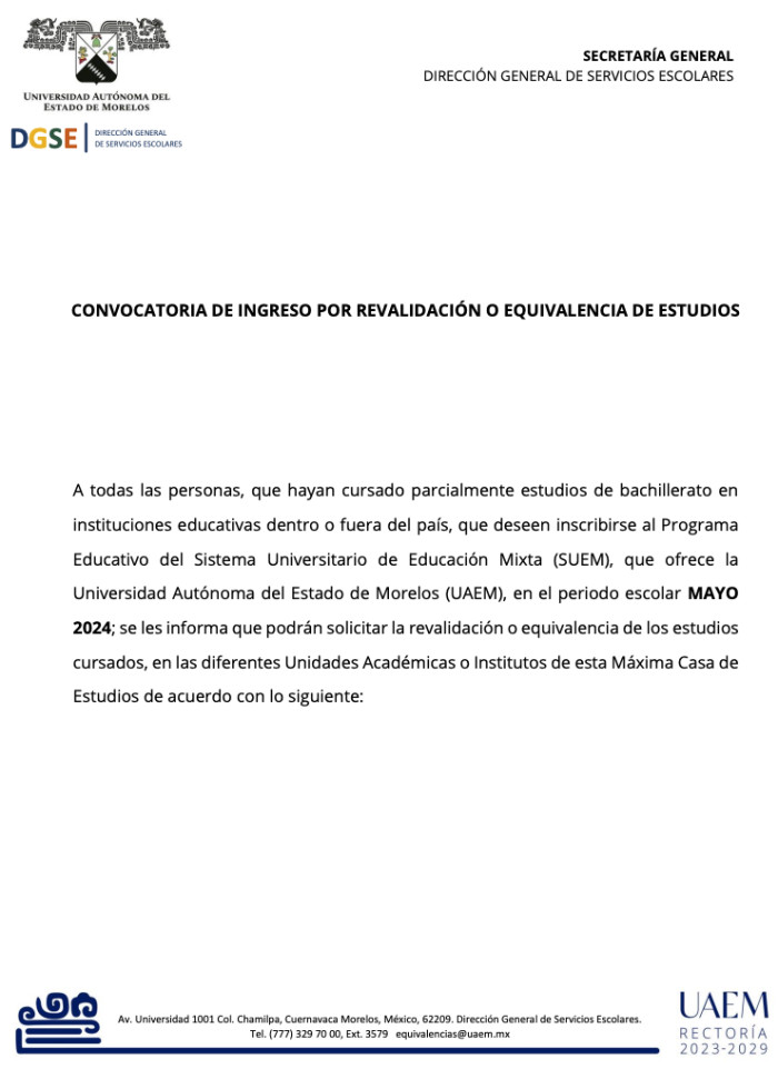 CONVOCATORIA DE INGRESO POR REVALIDACIÓN O EQUIVALENCIA DE ESTUDIOS | PERIODO MAYO - 2024