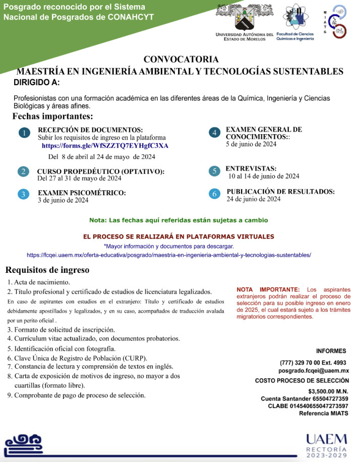 Convocatoria Maestría en ingeniería Ambiental y Tecnologías Sustentables 2024