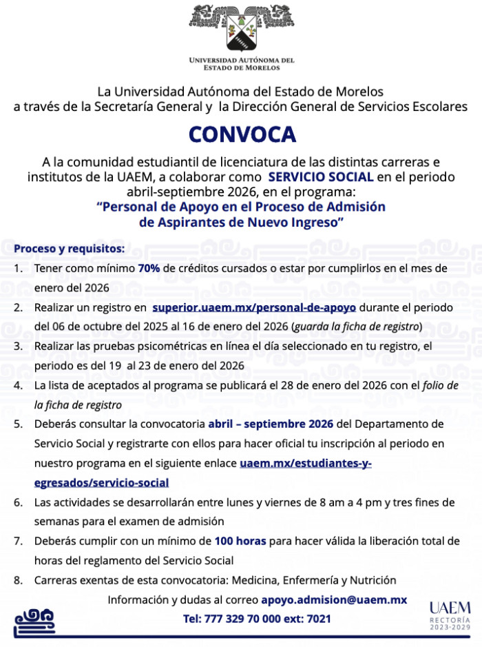Convocatoria de Servicio Social en el Proceso de Admisión 2026-2027