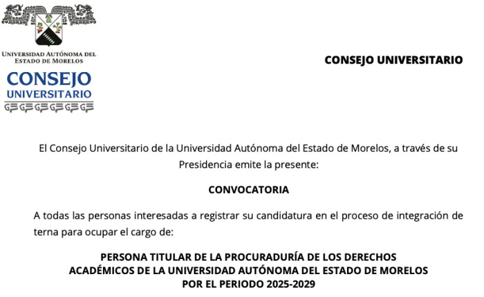 Persona Titular De La Procuraduría De Los Derechos Académicos De La Universidad Autónoma Del Estado De Morelos  Por El Periodo 2025-2029