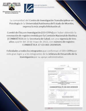 Renovación de registro emitida por la Comisión Nacional de Bioética (CONBIOÉTICA)