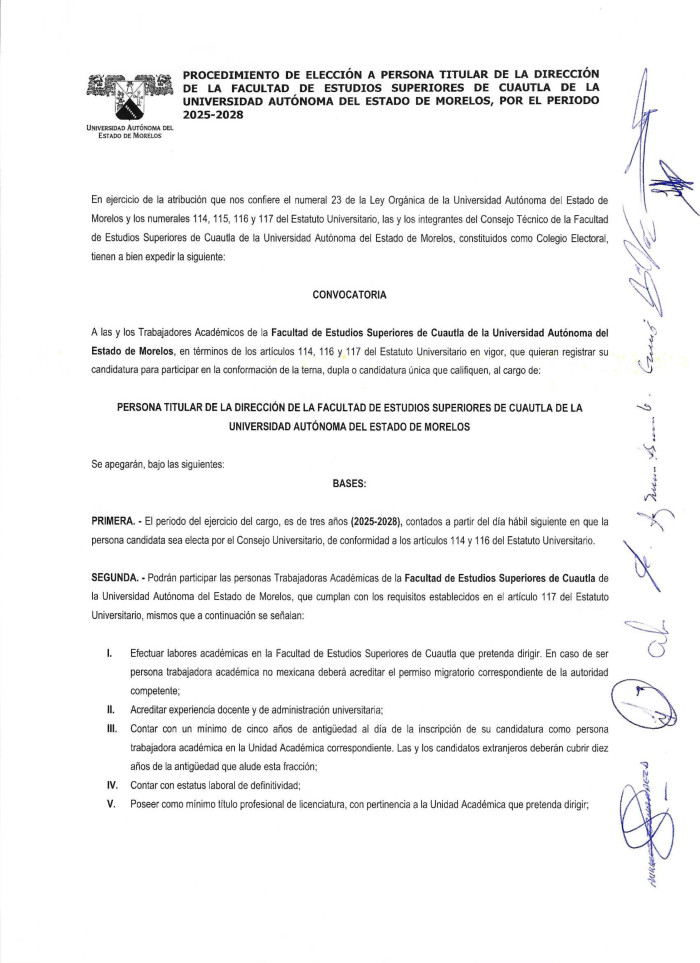 PROCEDIMIENTO DE ELECCIÓN A PERSONA TITULAR DE LA DIRECCIÓN DE LA FACULTAD DE ESTUDIOS SUPERIORES DE CUAUTLA DE LA UNIVERSIDAD AUTÓNOMA DEL ESTADO DE MORELOS, POR EL PERIODO 2025-2028