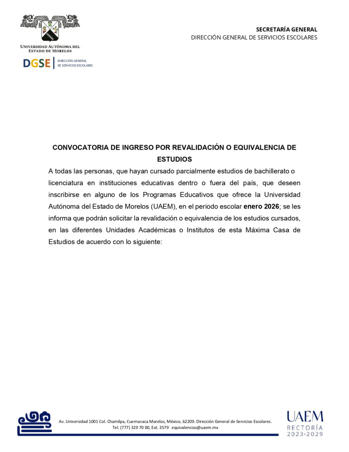 CONVOCATORIA DE INGRESO POR REVALIDACIÓN O EQUIVALENCIA DE ESTUDIOS, ENERO 2026