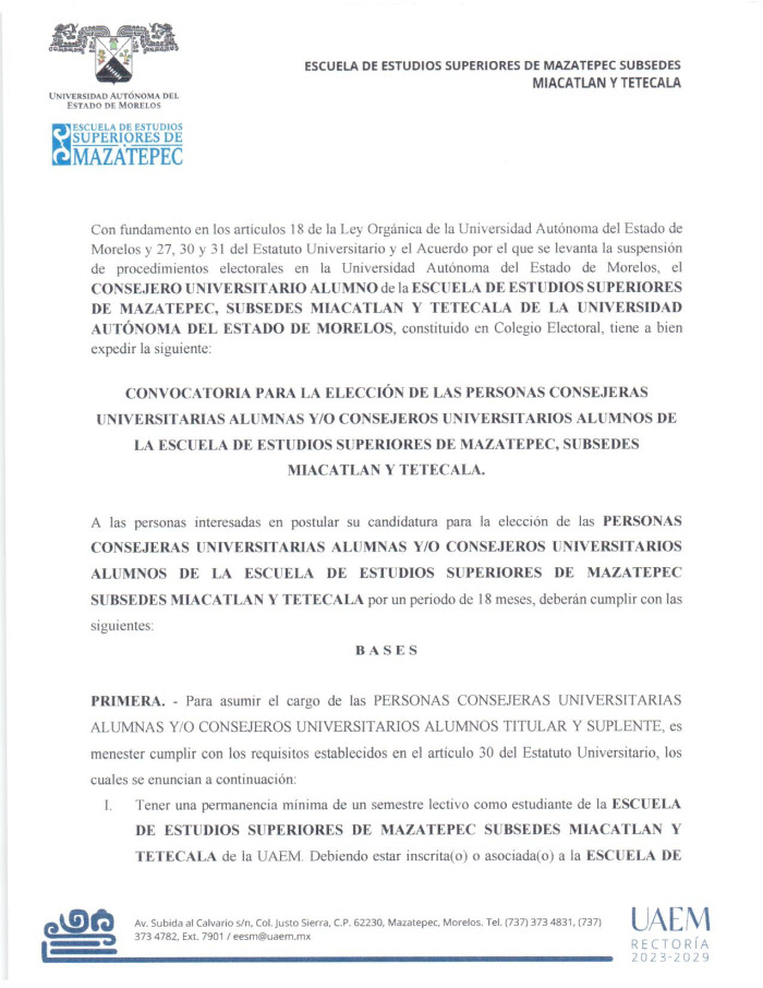 CONVOCATORIA  PARA ELECCION DE PERSONAS CONSEJERAS ALUMNAS Y/O ALUMNOS