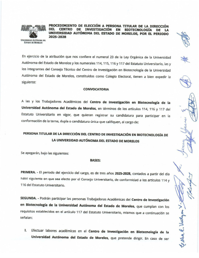 PROCEDIMIENTO DE ELECCIÓN A PERSONA TITULAR DE LA DIRECCIÓN DEL CENTRO DE INVESTIGACIÓN EN BIOTECNOLOGÍA, DE LA UNIVERSIDAD AUTÓNOMA DEL ESTADO DE MORELOS, POR EL PERIODO 2025-2028