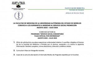 CONVOCATORIA PROGRAMA “SERVICIO SOCIAL COMUNITARIO PLAZA ESPECIAL POR ENFERMEDAD” AGOSTO 2023 – JULIO 2024