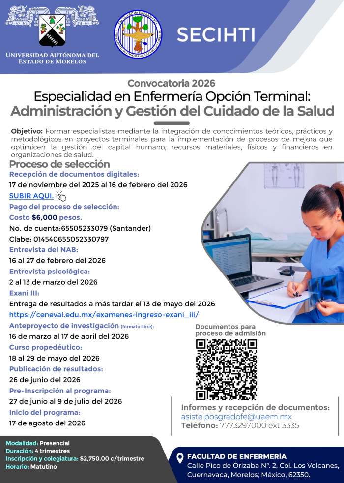 Especialidad en Enfermería Opción Terminal: Administración y Gestión del Cuidado de la Salud. Convocatoria 2026