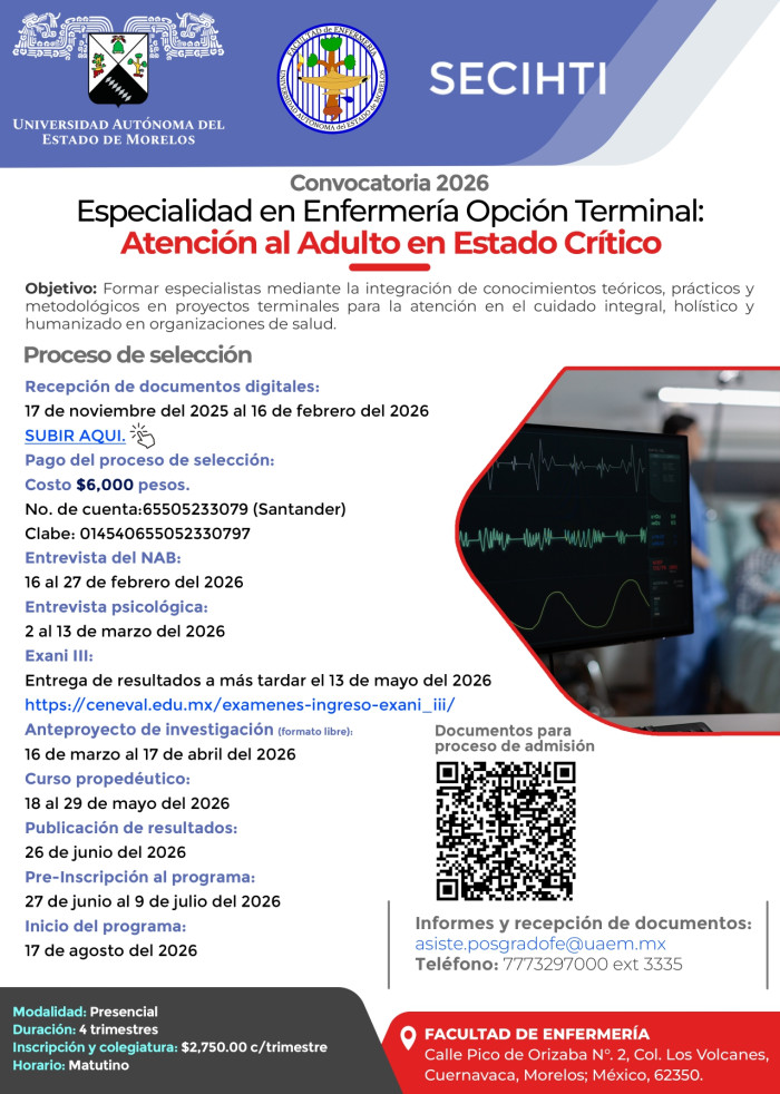 Especialidad en Enfermería Opción Terminal: Atención al Adulto en Estado Crítico. Convocatoria 2026