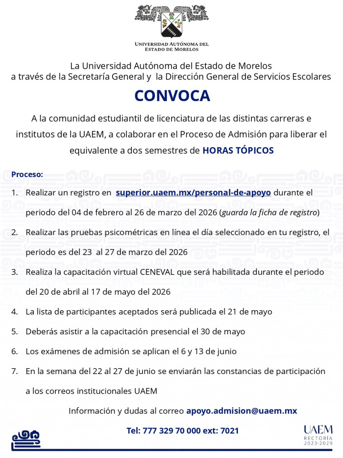 Convocatoria de Horas Tópicos para ser Personal de Apoyo en el Proceso de Admisión 2026 - 2027
