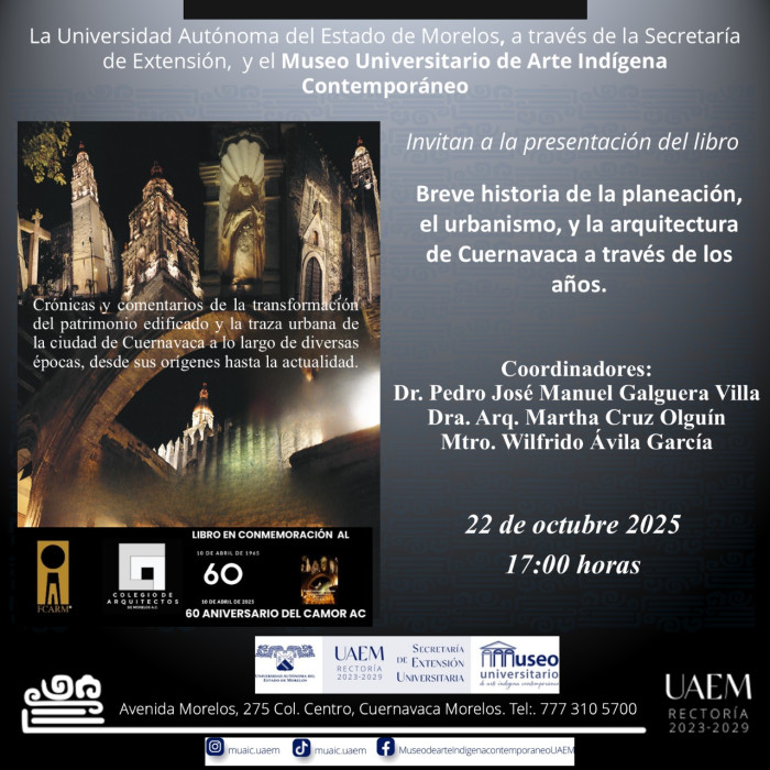 Presentación de libro, crónicas y comentarios de la transformación del patrimonio edificado y la traza urbana de la ciudad de Cuernavaca a lo largo de diversas épocas, desde sus orígenes hasta la actualidad.