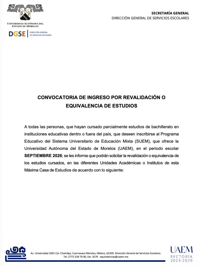 Convocatoria para Ingreso por Revalidacion Equivalencia para Sistema Abierto SUEM Periodo Septiembre 2026
