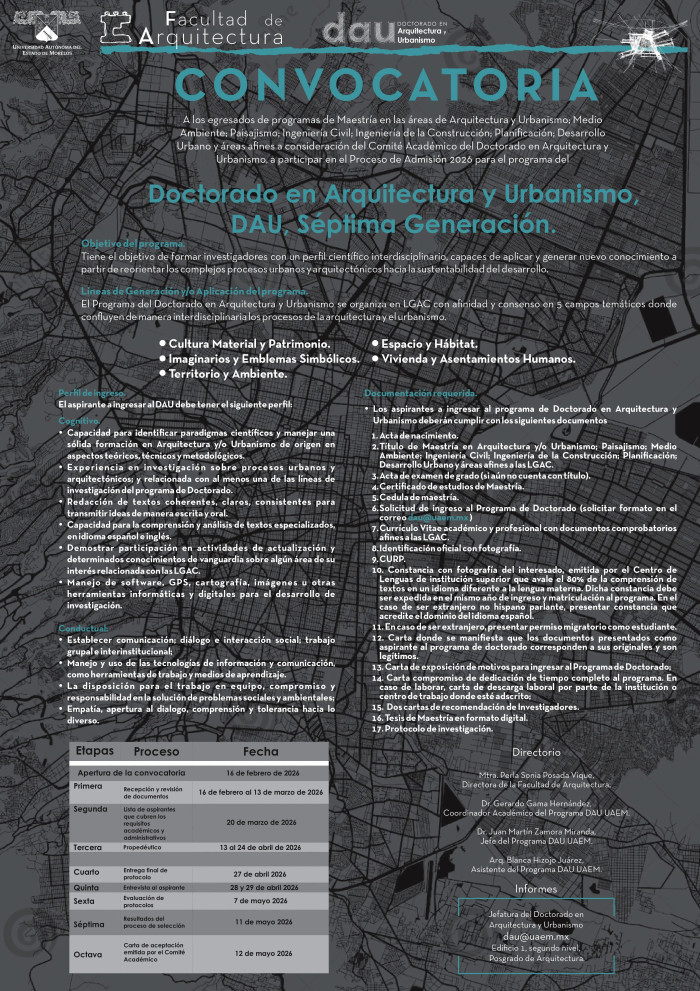 Convocatoria | Doctorado en Arquitectura y Urbanismo, DAU Séptima Generación Agosto - Diciembre 2026