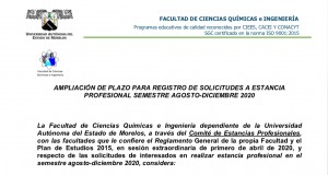 Ampliación de plazo para registro de solicitudes a estancia profesional semestre agosto - diciembre 2020
