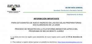INFORMACIÓN IMPORTANTE para estudiantes de nuevo ingreso proceso de registro del programa de becas Benito Juárez