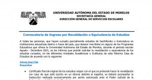 Convocatoria de Ingreso por Revalidación o Equivalencia de Estudios Agosto - Diciembre 2021