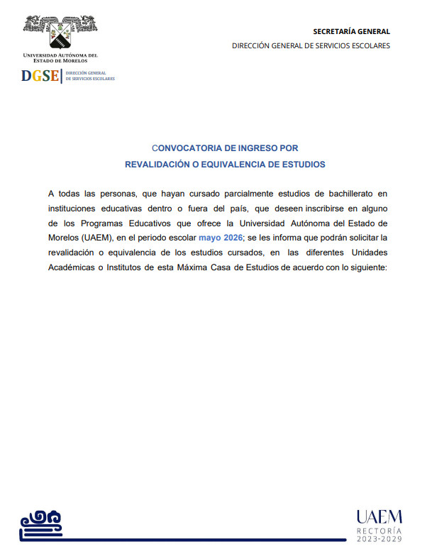 CONVOCATORIA DE INGRESO POR REVALIDACION O EQUIVALENCIA PERIODO MAYO - AGOSTO 2026