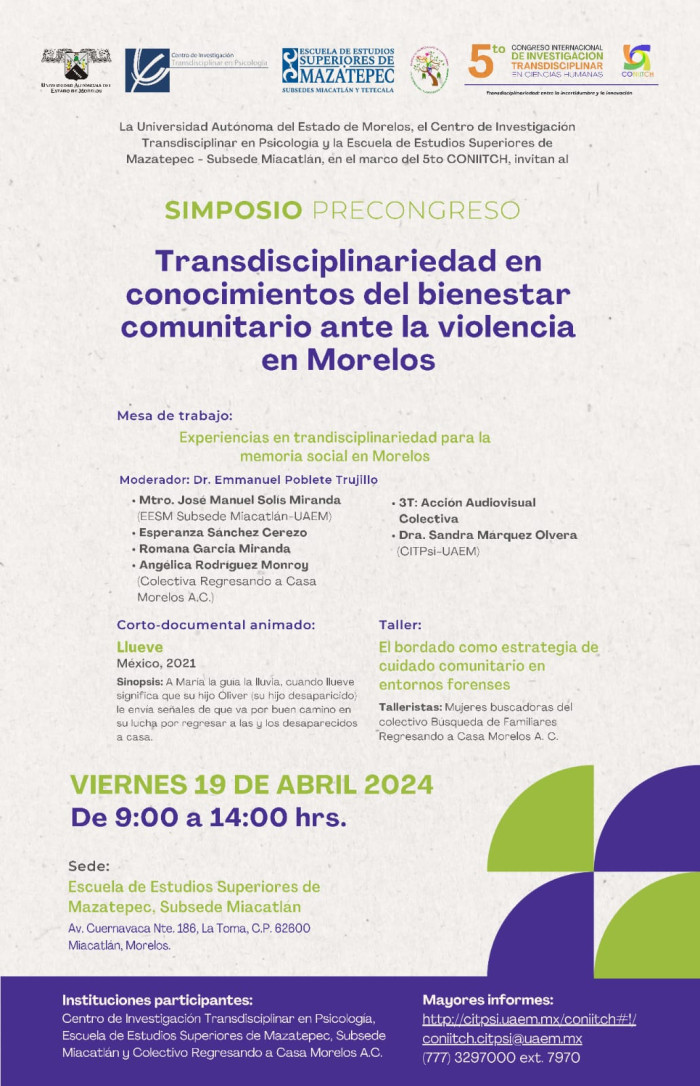 Simposio Precongreso Transdisciplinariedad En Conocimientos Del Bienestar Comunitario Ante La Violencia En Morelos 2024