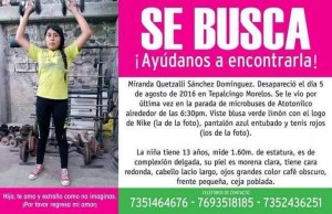 Ayúdanos a encontrar a Miranda Quetzalli Sánchez Domínguez