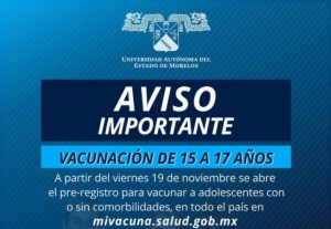Invitación a estudiantes del nivel medio superior de entre 15 y 17 años pre-registro de vacunación contra Covid-19